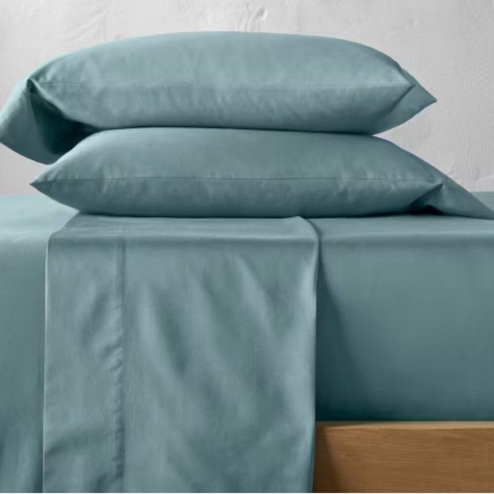 CASALUNA Thread Count‎ Washed Supima Sateen Light Teal Solid Sheet Set NWT king - Picture 4 of 8